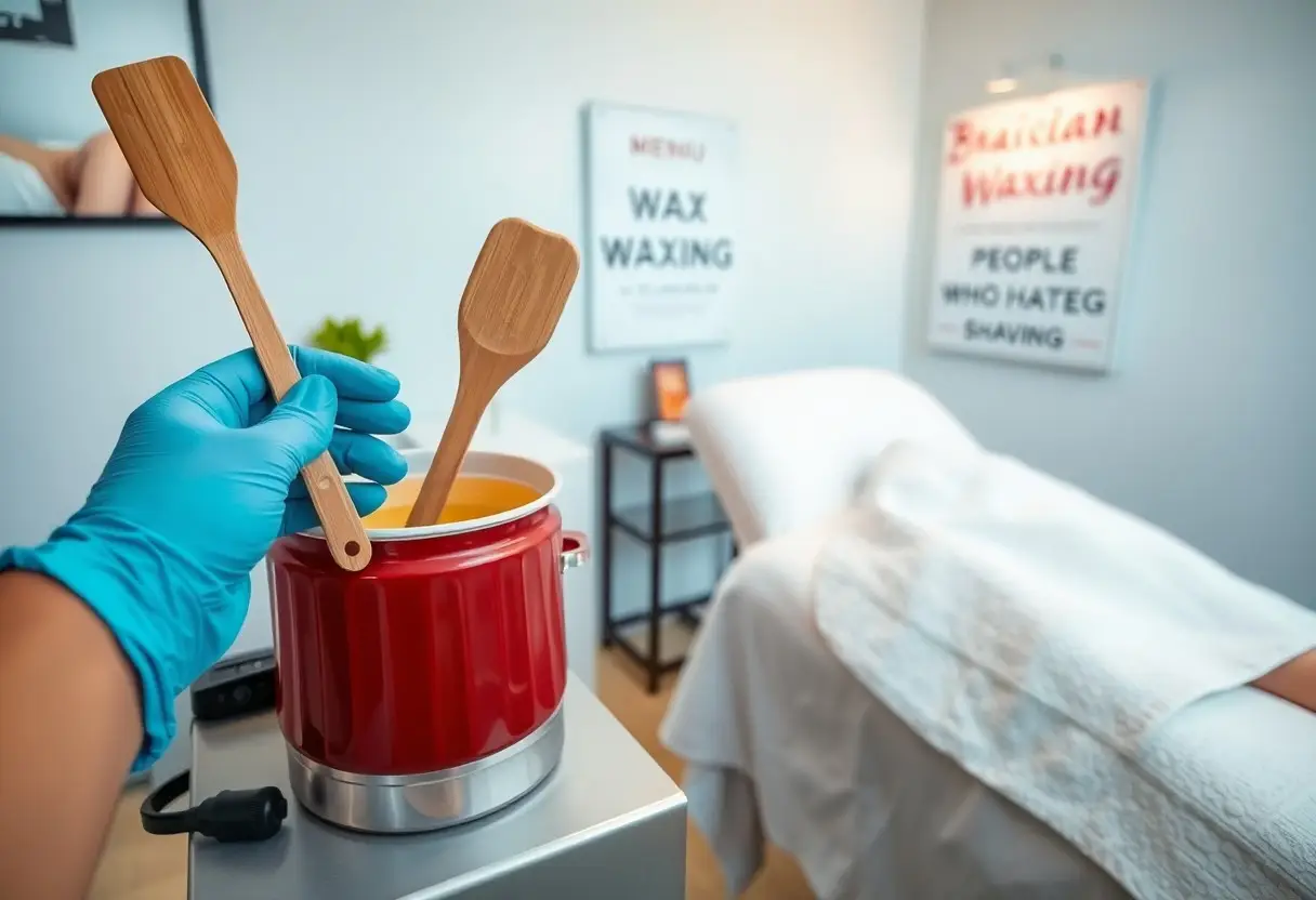 Gloved hand holds wooden spatulas over a red wax pot in a spa treatment room.