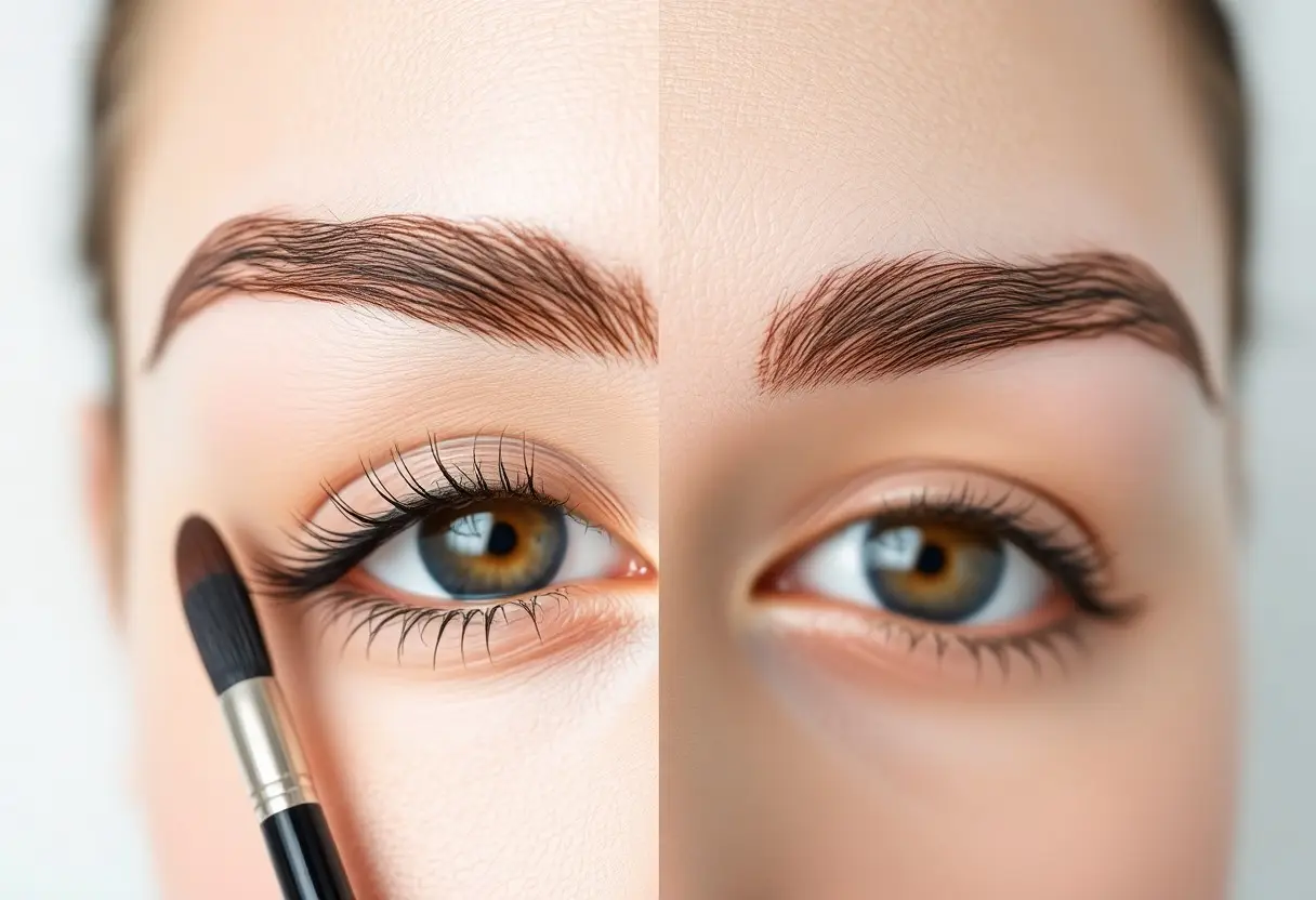 Close-up of a woman's eye and brow as makeup is being applied with a brush on the left side (split-screen).