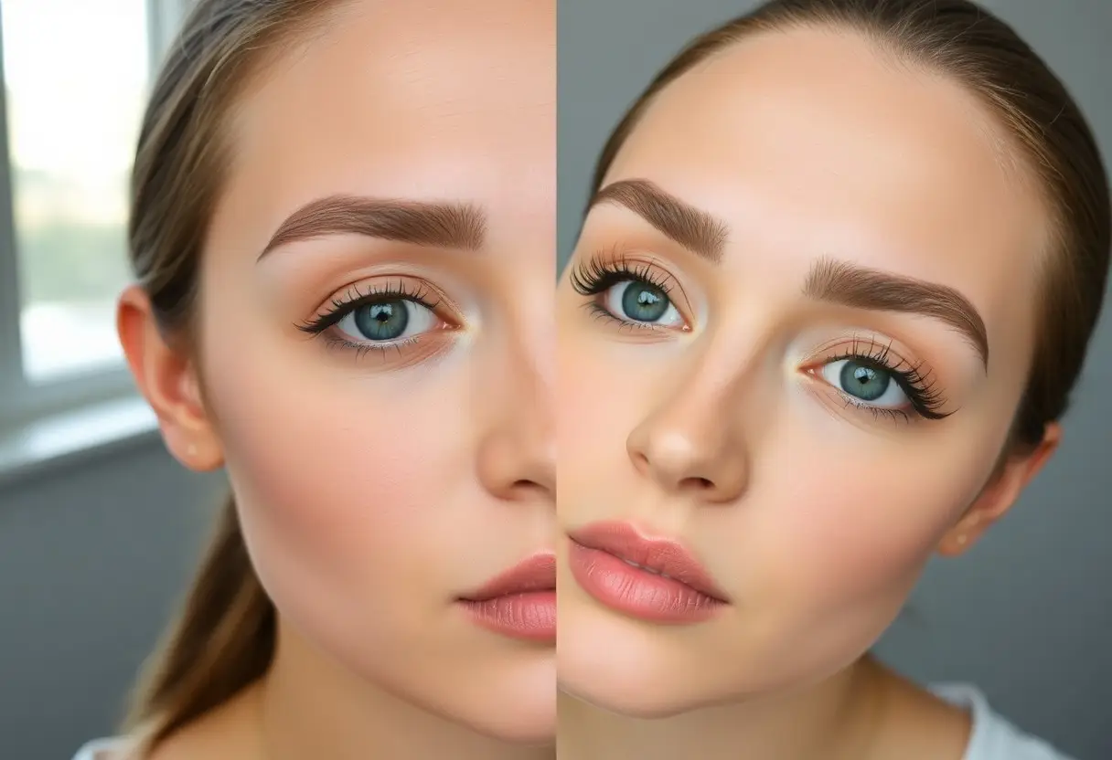 Split-face portrait showing natural makeup on the left and glam makeup on the right, blue eyes and peach lips for comparison of looks.