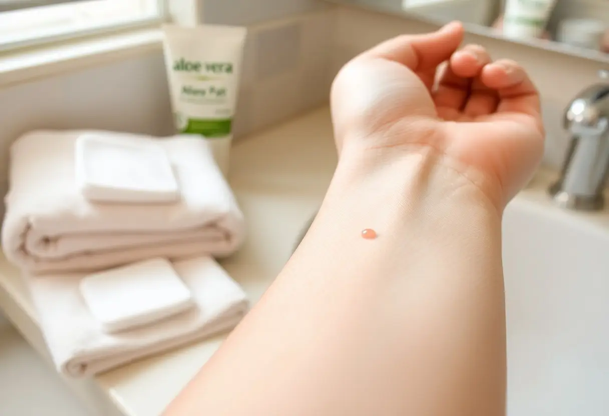 Close-up of a wrist with a small pink gel drop on the skin; aloe vera tube and folded towels on a bathroom counter in the background.