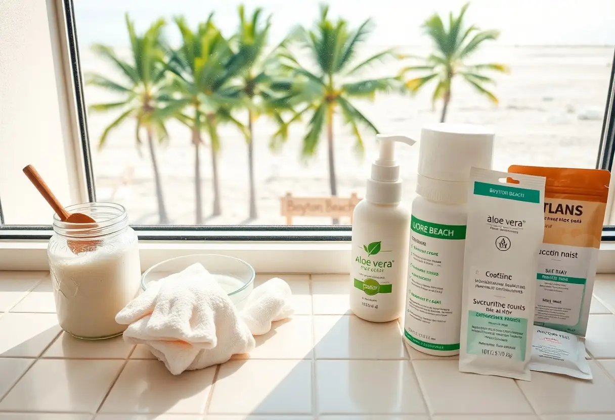 Skincare items on a sunny bathroom counter by a window, with aloe vera bottles, sachets, a jar with a wooden spoon, and a white towel, overlooking a beach.