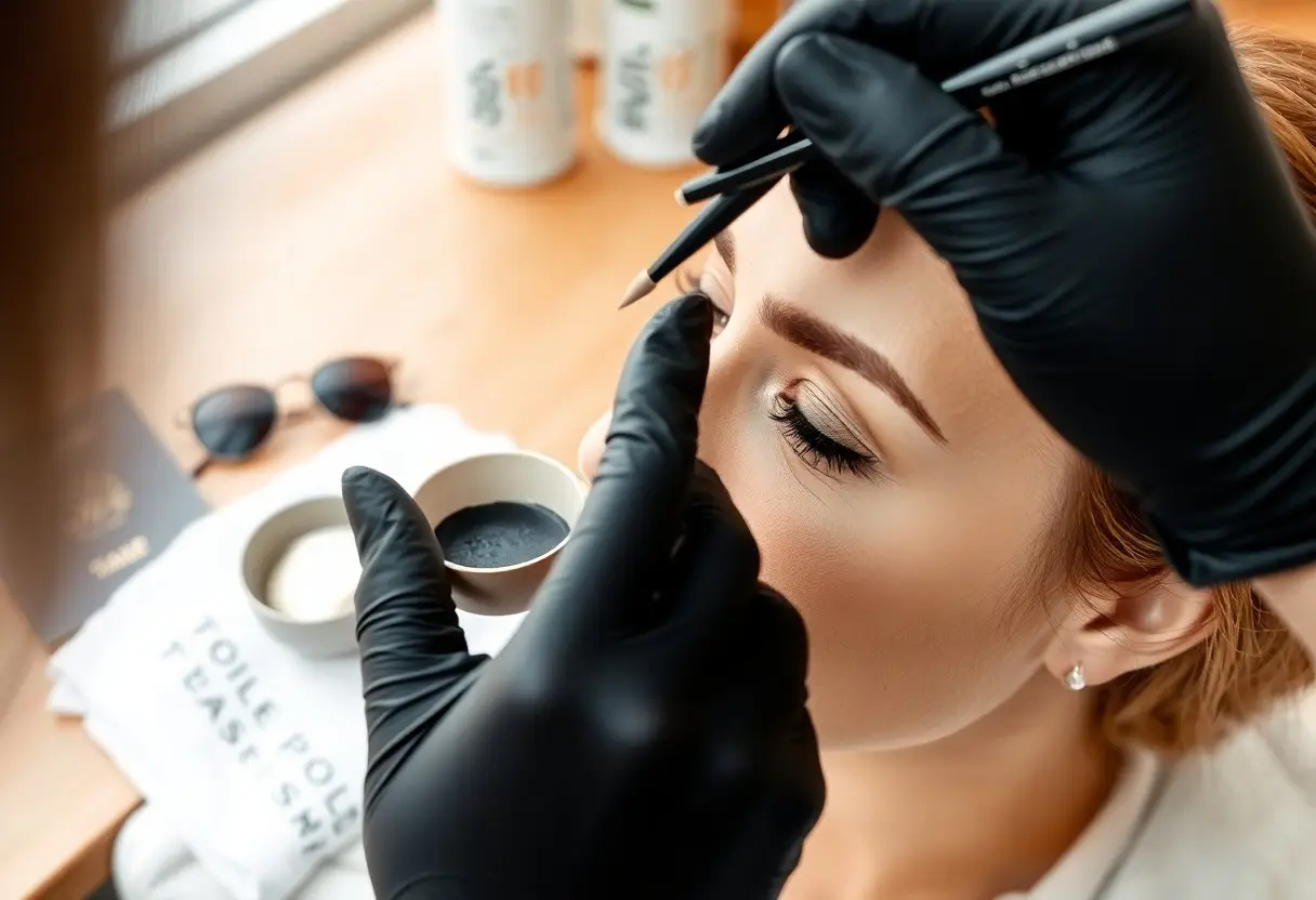 Close-up of a makeup artist applying brow shading to a woman's eyebrows with a pencil while wearing black gloves; cosmetic powders in cups nearby