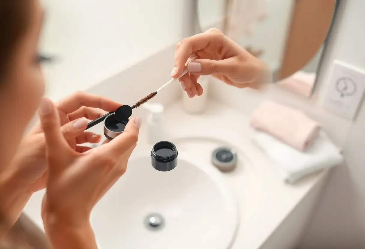 Close-up of hands applying mascara with a wand over an open mascara jar at a bathroom sink scene.
