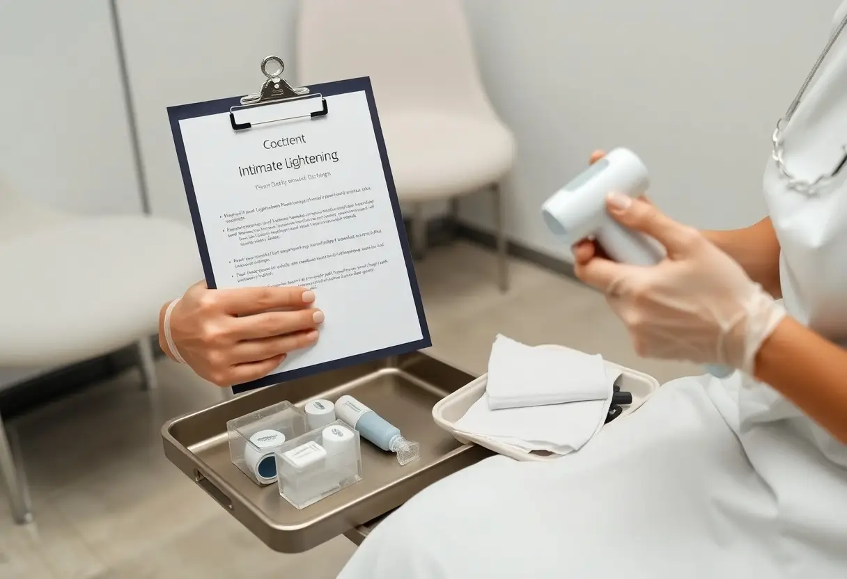 Clinician in gloves holds a handheld medical device beside a clipboard with a document on a tray of supplies in a clinical setting