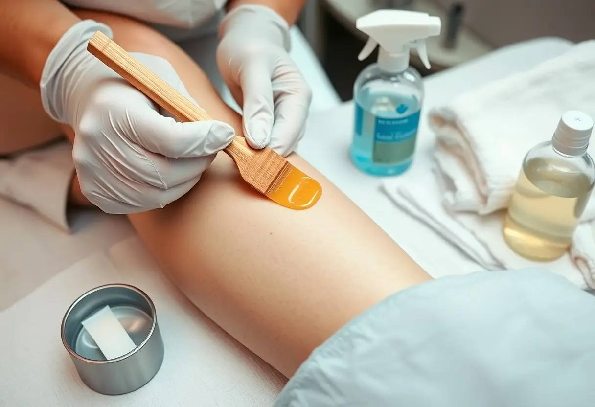 Gloved technician applies warm orange wax to a client’s leg with a wooden spatula in a clinical waxing setup