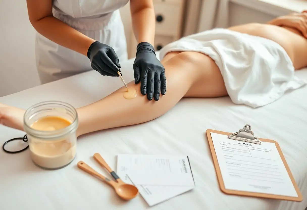 Beautician wearing black gloves applying warm wax to a client’s leg during a waxing treatment.