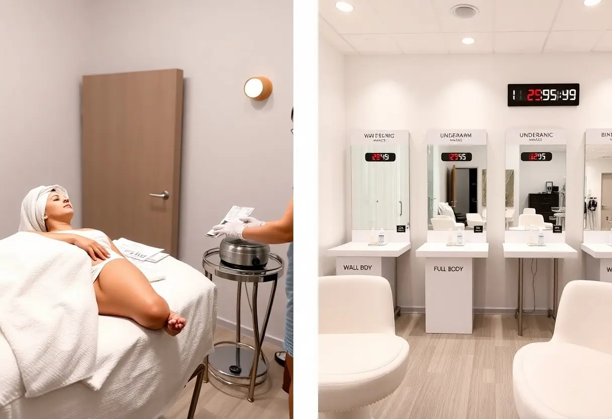 Woman receiving spa treatment on a bed, head wrapped in towel, in a calm room with a clinician handing a tray nearby (informative)