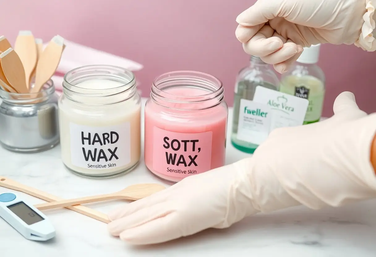 Waxing station with hard wax and soft wax jars, gloved hands, wooden spatulas, and a thermometer on a marble counter.