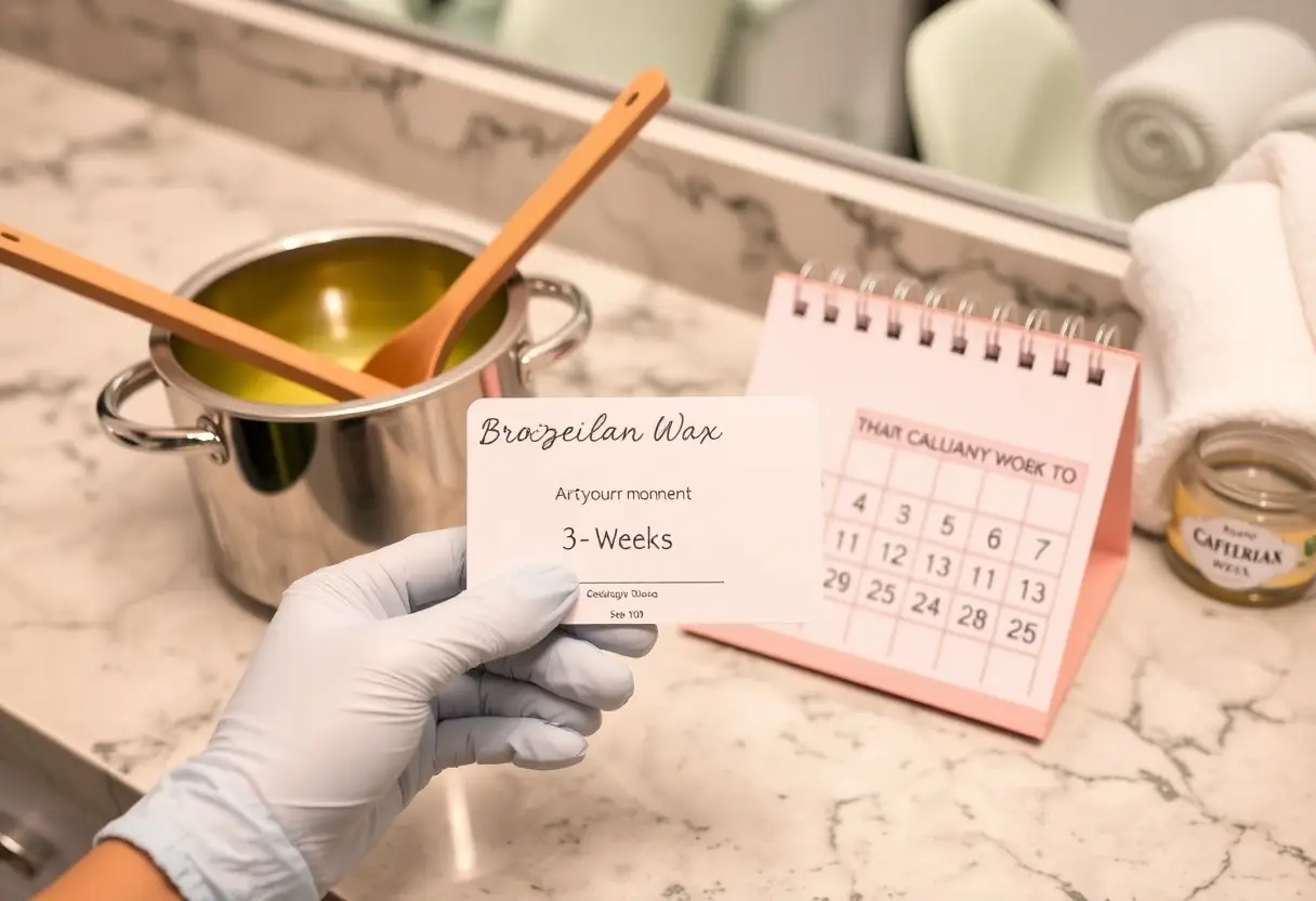 Gloved hand holds a card for a Brazilian wax service in a spa, with a wax pot and spatulas in the background.