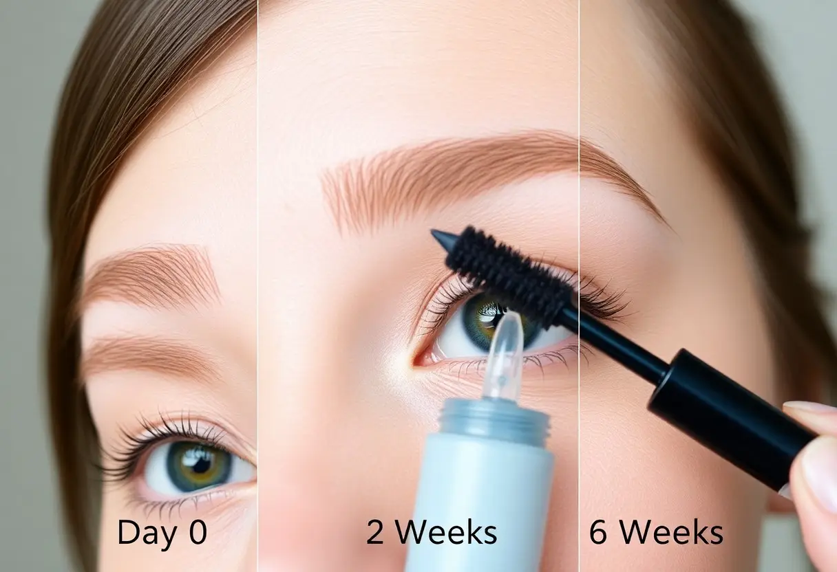 Close-up of an eye with mascara being applied, shown in three panels labeled Day 0, 2 Weeks, and 6 Weeks to show lash growth progress.