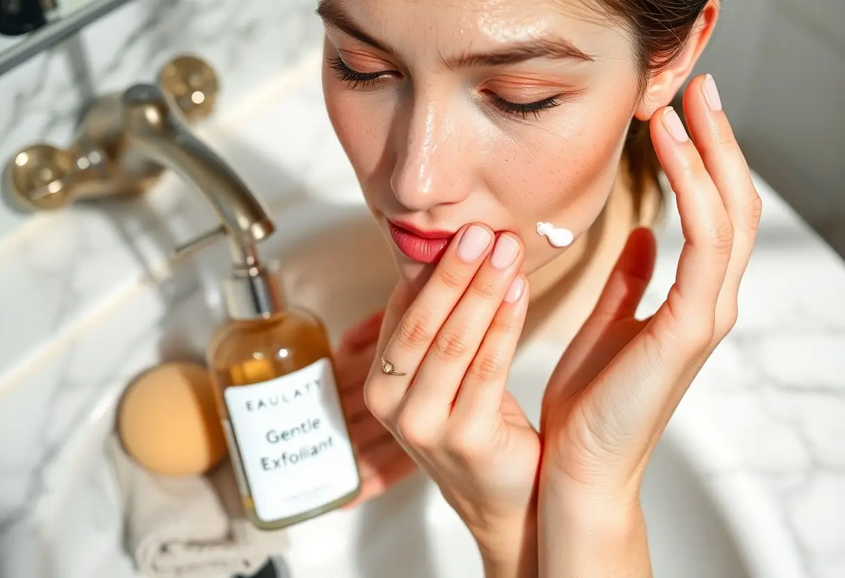 Woman applying facial exfoliant to her cheek beside a marble bathroom sink and a bottle labeled Gentle Exfoliant.