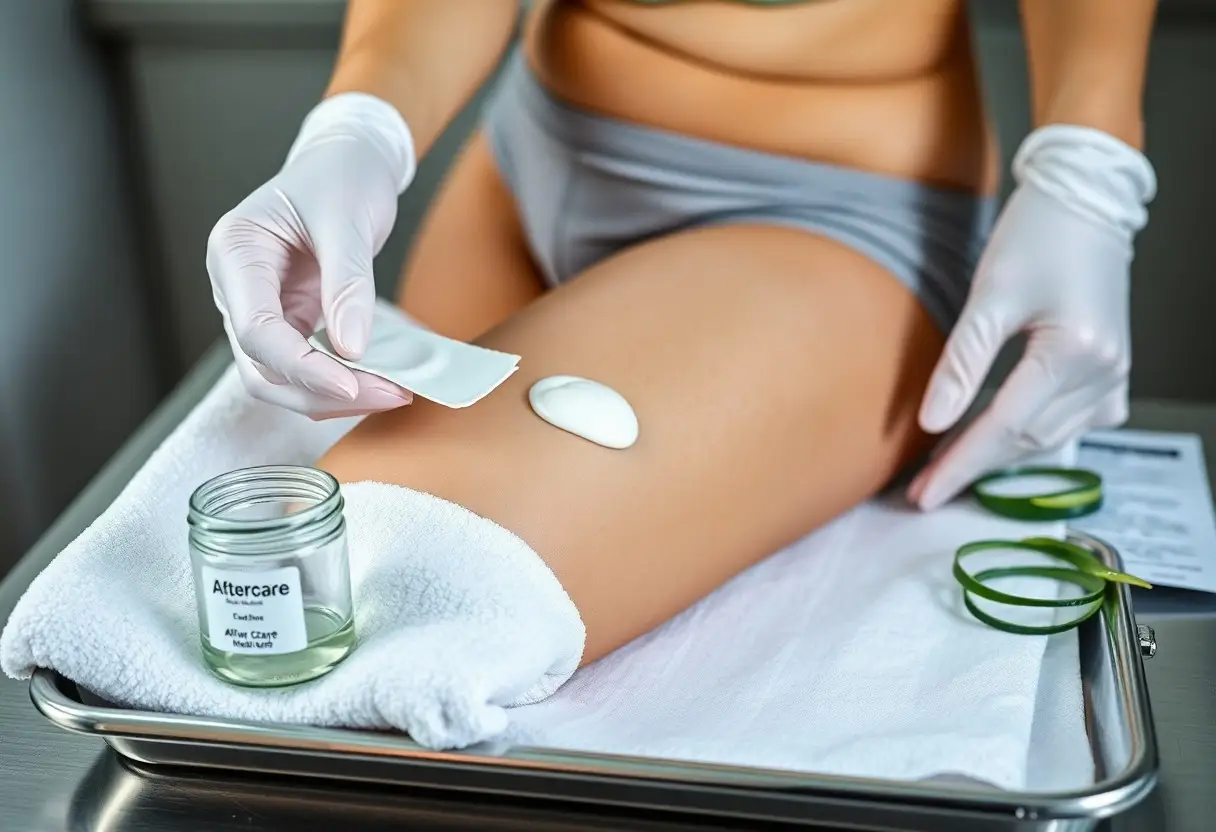 Gloved clinician applies cream to a patient's leg during a skincare treatment on a metal tray.