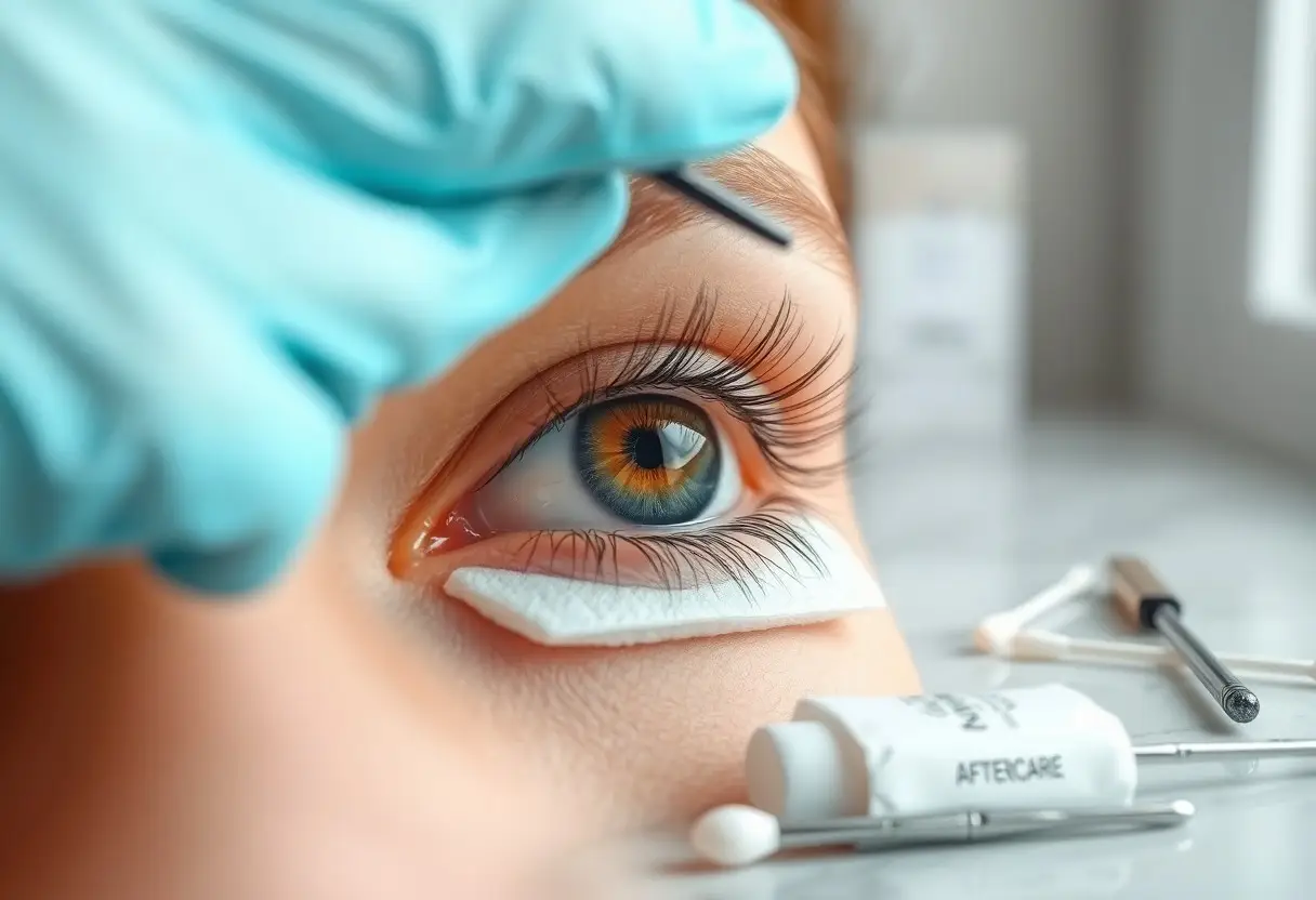 Close-up of a human eye with a contact lens being placed, gloved hand and medical tools nearby for eye care procedure