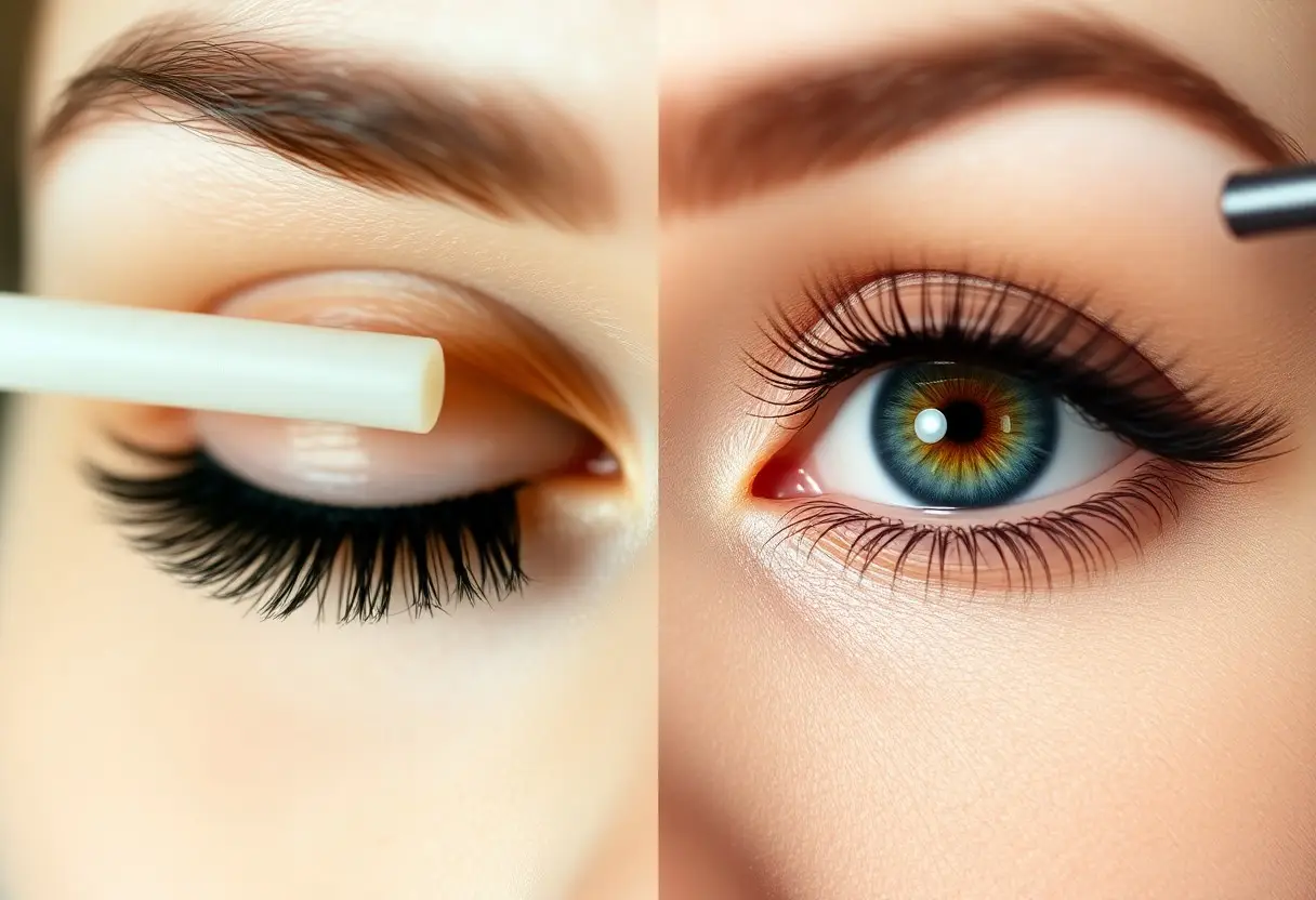 Left: closed eye undergoing mascara application with a wand; right: close-up of an open eye with long lashes and a blue‑green iris.