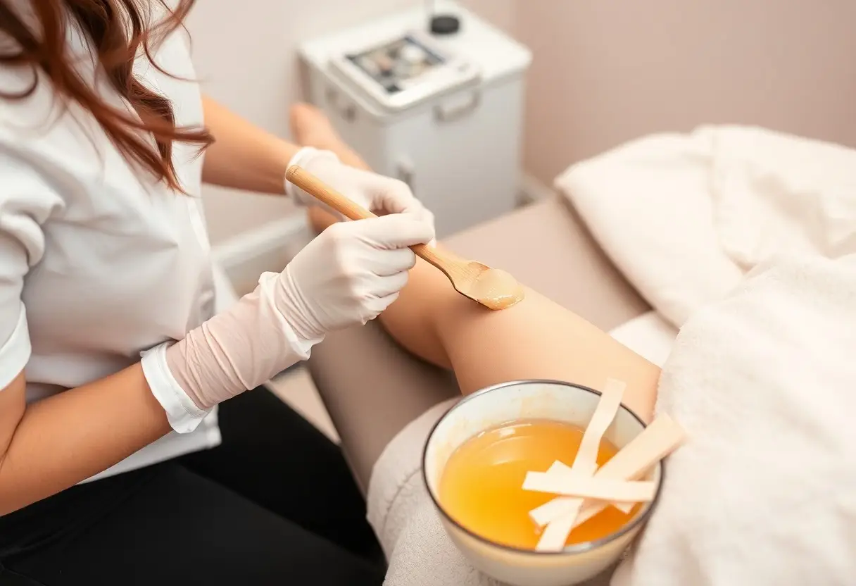 Beautician in gloves applies warm wax to a client’s leg during a waxing treatment, with a bowl of wax nearby.