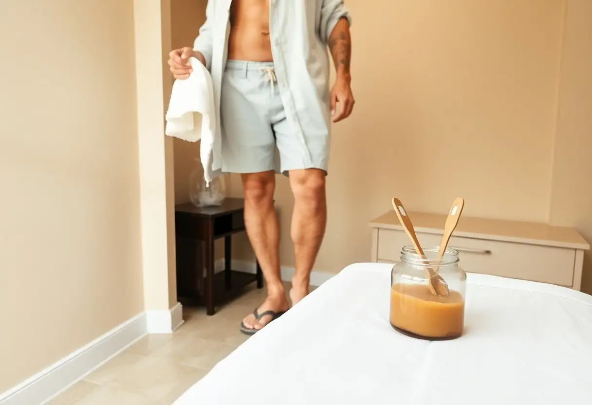 Man in a light blue robe and shorts holds a towel in a spa-like room, with a jar of brown wax and two wooden spatulas on a table nearby.