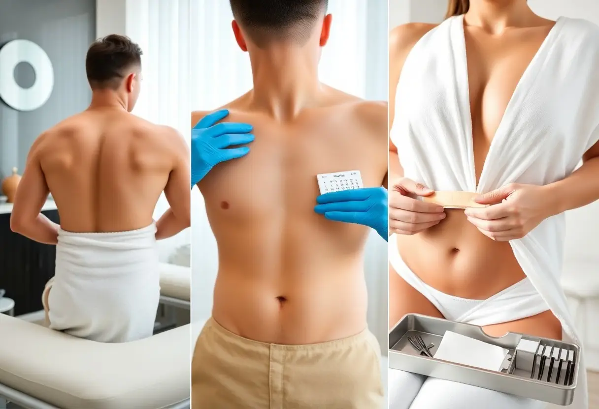 Triptych: shirtless man with towel, clinician applying a chest patch test with blue gloves, and a woman in a robe with a medical instrument tray nearby.