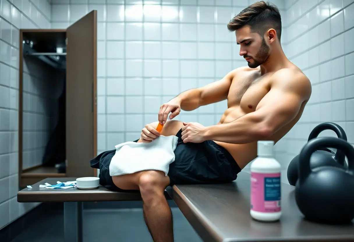 Shirtless man in a locker room sits on a bench, applying a bandage or tape to his knee with a towel nearby and a bottle on the table beside kettlebells.