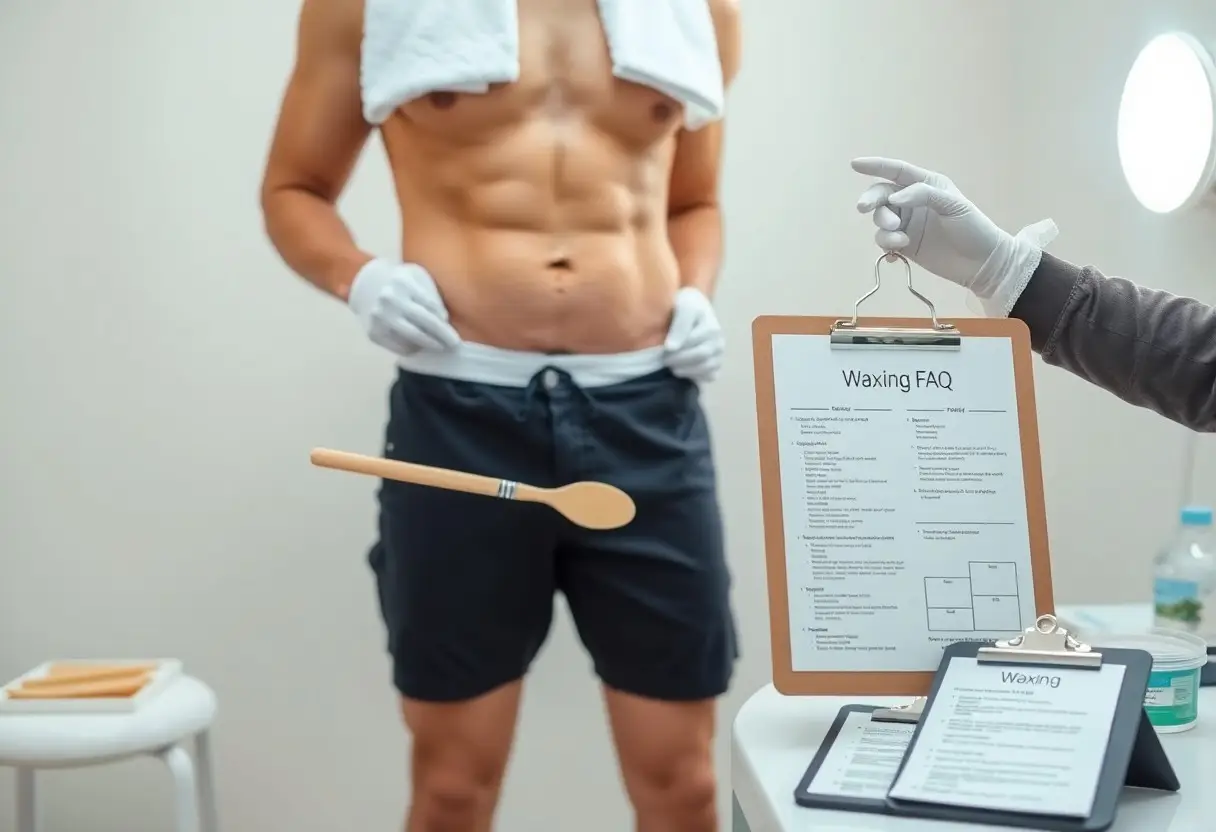 Male client shirtless in a waxing studio as a gloved technician holds a clipboard labeled 'Waxing FAQ'.