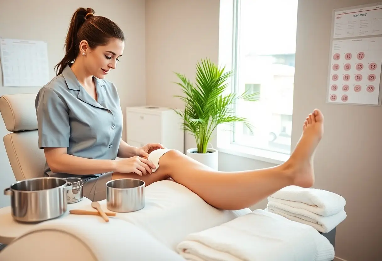 Practitioner in a light blue uniform applies a bandage to a client's leg during a spa or treatment session, with metal bowls and towels nearby on a table.