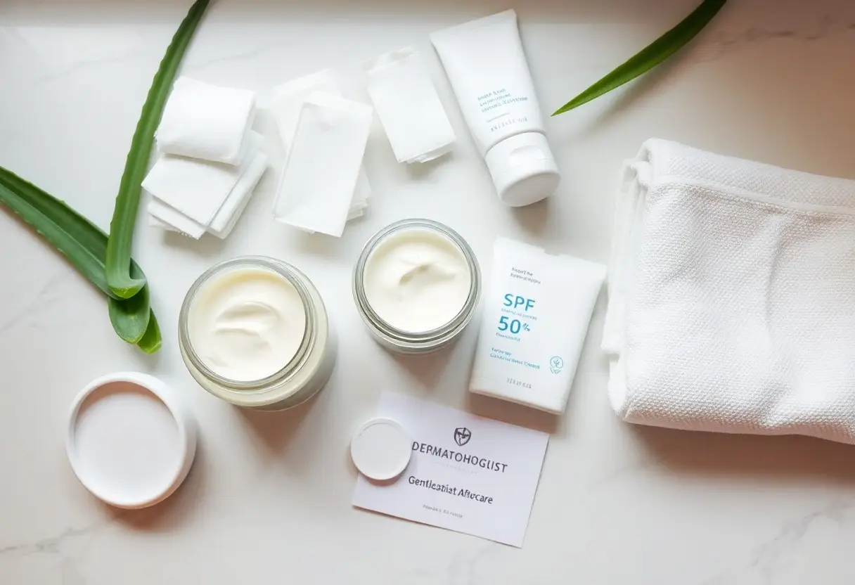 Skincare flat lay with two open cream jars, cotton pads, aloe leaves, SPF 50 sunscreen, a white towel, and a business card on a marble surface