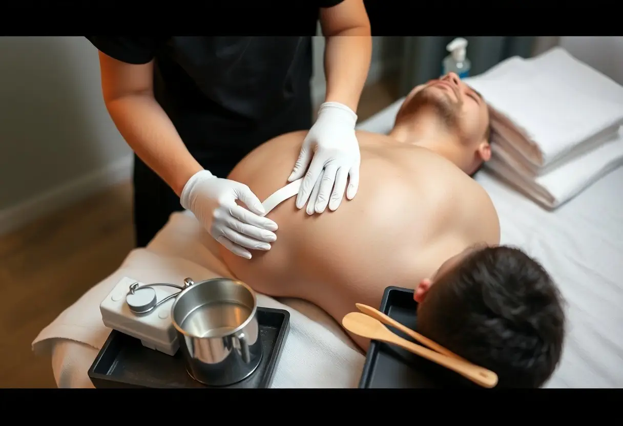 Therapist wearing gloves applies kinesiology tape to a man's back as he lies face down on a treatment table in a clinic.