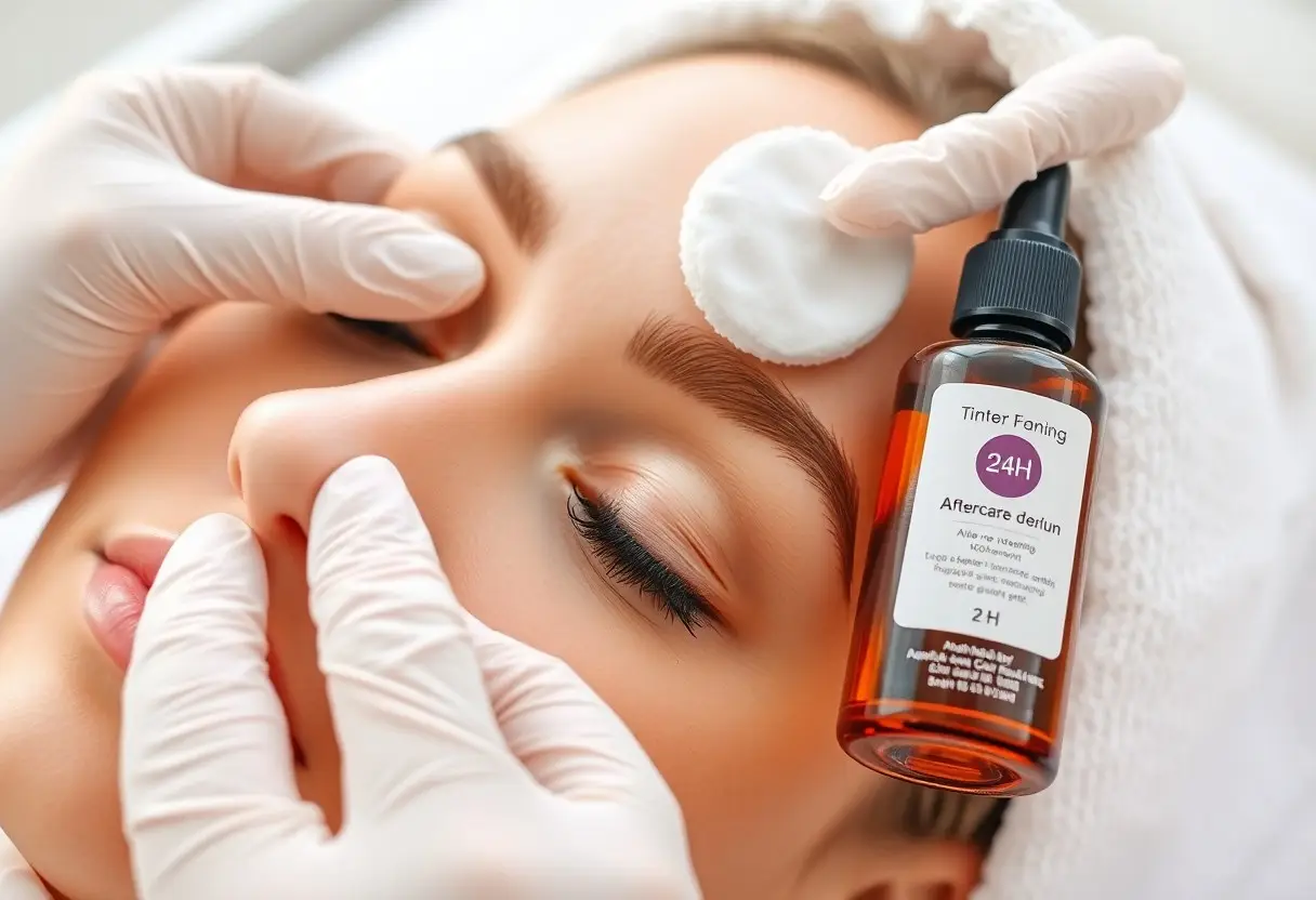 During a facial treatment, gloved hands apply skincare serum to a woman's forehead with a cotton pad resting on the eyebrow.