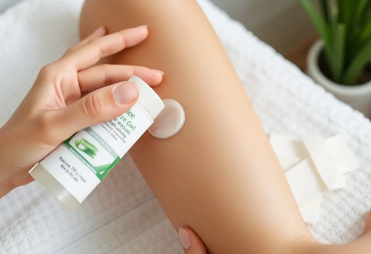 Person applying aloe gel or lotion to their leg from a white tube in a bathroom/spa setting.