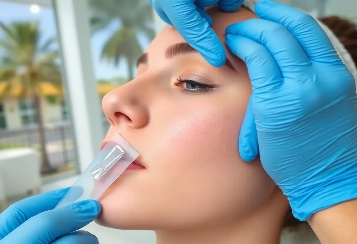 Clinician wearing blue gloves applies a transparent lip patch to a woman's lips during a cosmetic treatment, stabilizing her head with one hand.