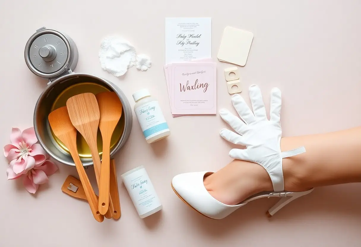 Flat lay wedding prep scene: white high heel and gloved foot beside skincare bottles, pink invitations, pink flower, wooden spoons in a pot, and pastel background.