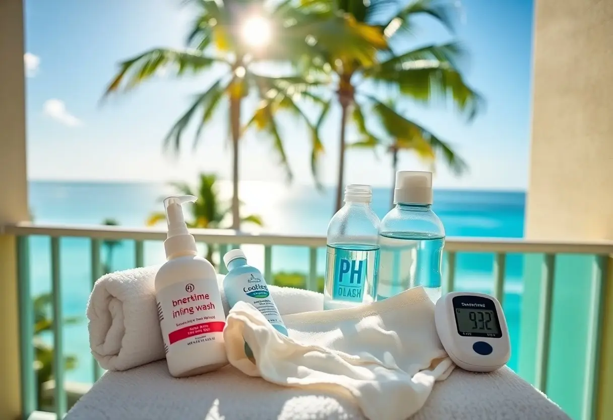 Spa essentials arranged on a folded towel on a balcony overlooking the ocean, including a pump bottle, small tube, two blue pH bottles, and a digital meter.