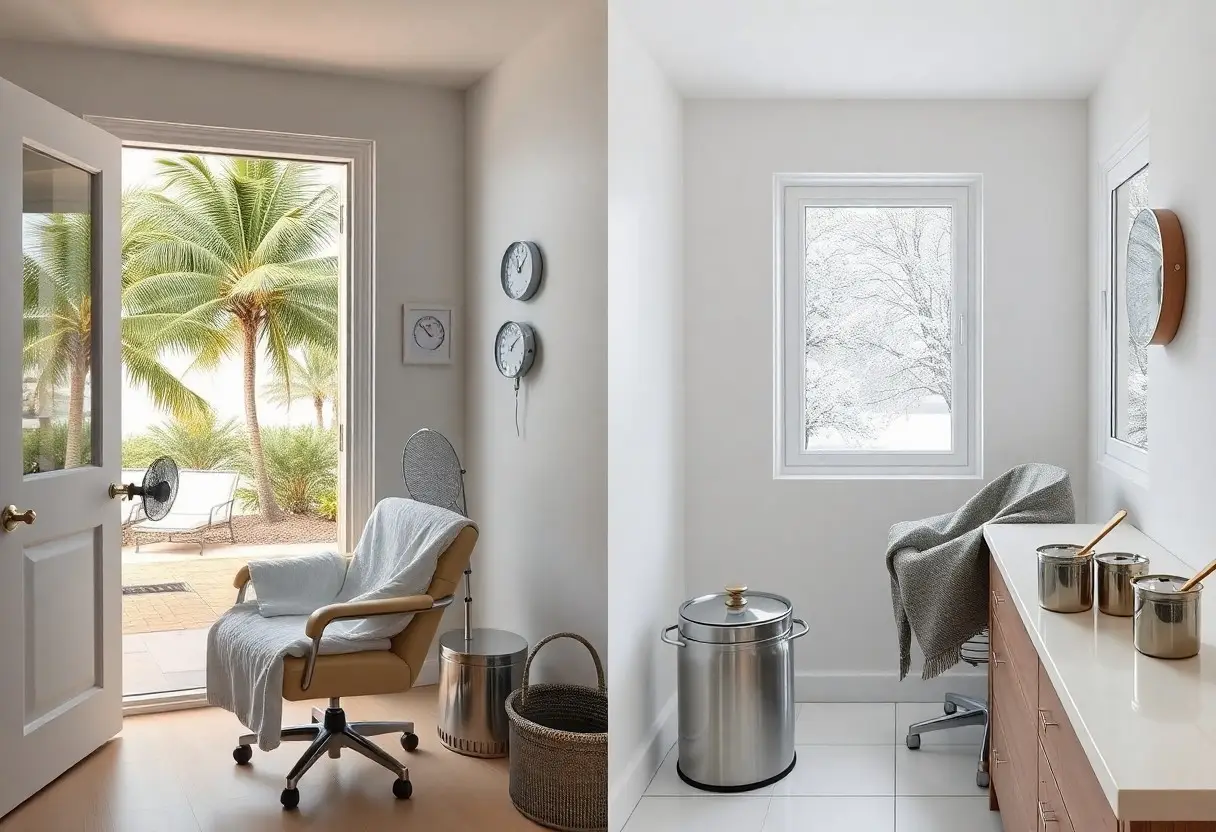 Spa treatment room with a beige swivel chair by an open door to a palm-tree patio; a woven basket and metal bin nearby.