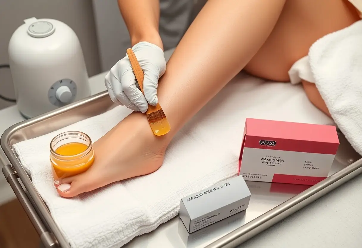 Spa pedicure scene: gloved hand applies warm orange wax to a client’s foot, wax jar on a towel-covered tray nearby.