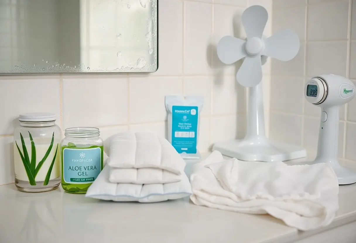 Bathroom countertop with aloe vera gel, candle, wipes, and folded towels for skincare.
