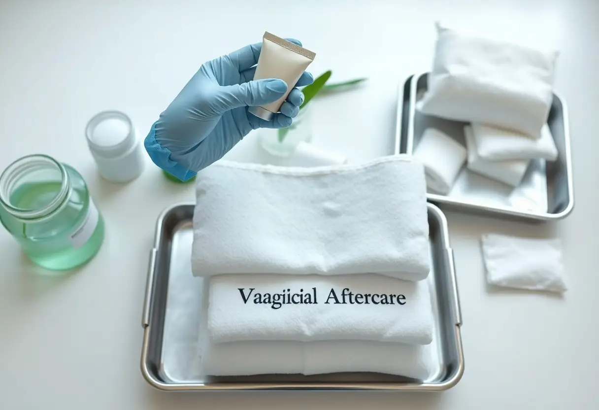 Gloved hand holding a small tube over a stainless steel tray with folded towels labeled 'Vaagicial Aftercare' in a sterile setup.