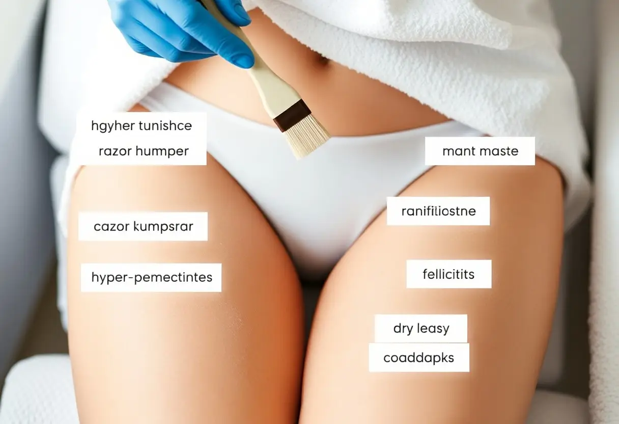 Gloved hand with a brush applying cream to bare thighs; white label tags mark treated areas on the skin.