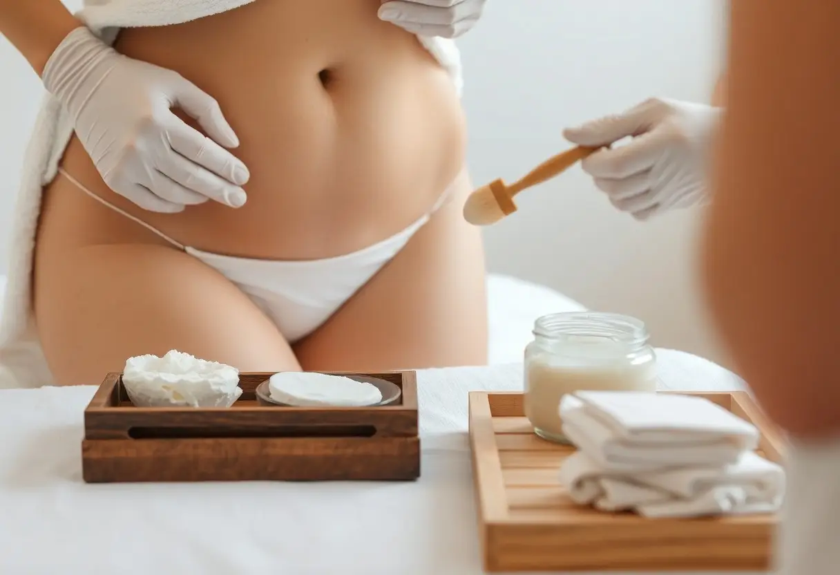 Pregnant woman receiving a spa treatment; therapist in gloves uses a brush on her abdomen with spa jars and towels nearby