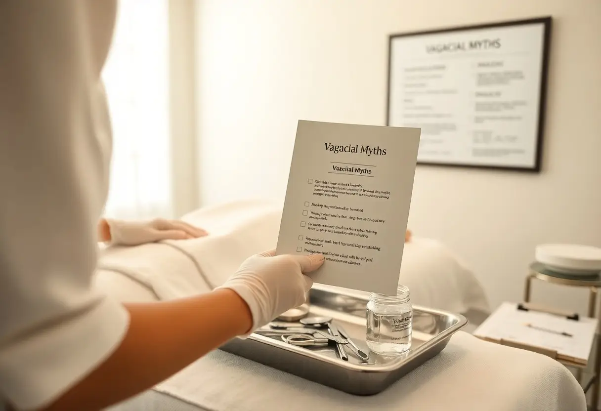 Gloved healthcare worker presenting a pamphlet titled 'Vagical Myths' over a tray of medical instruments beside a patient bed in a clinic.