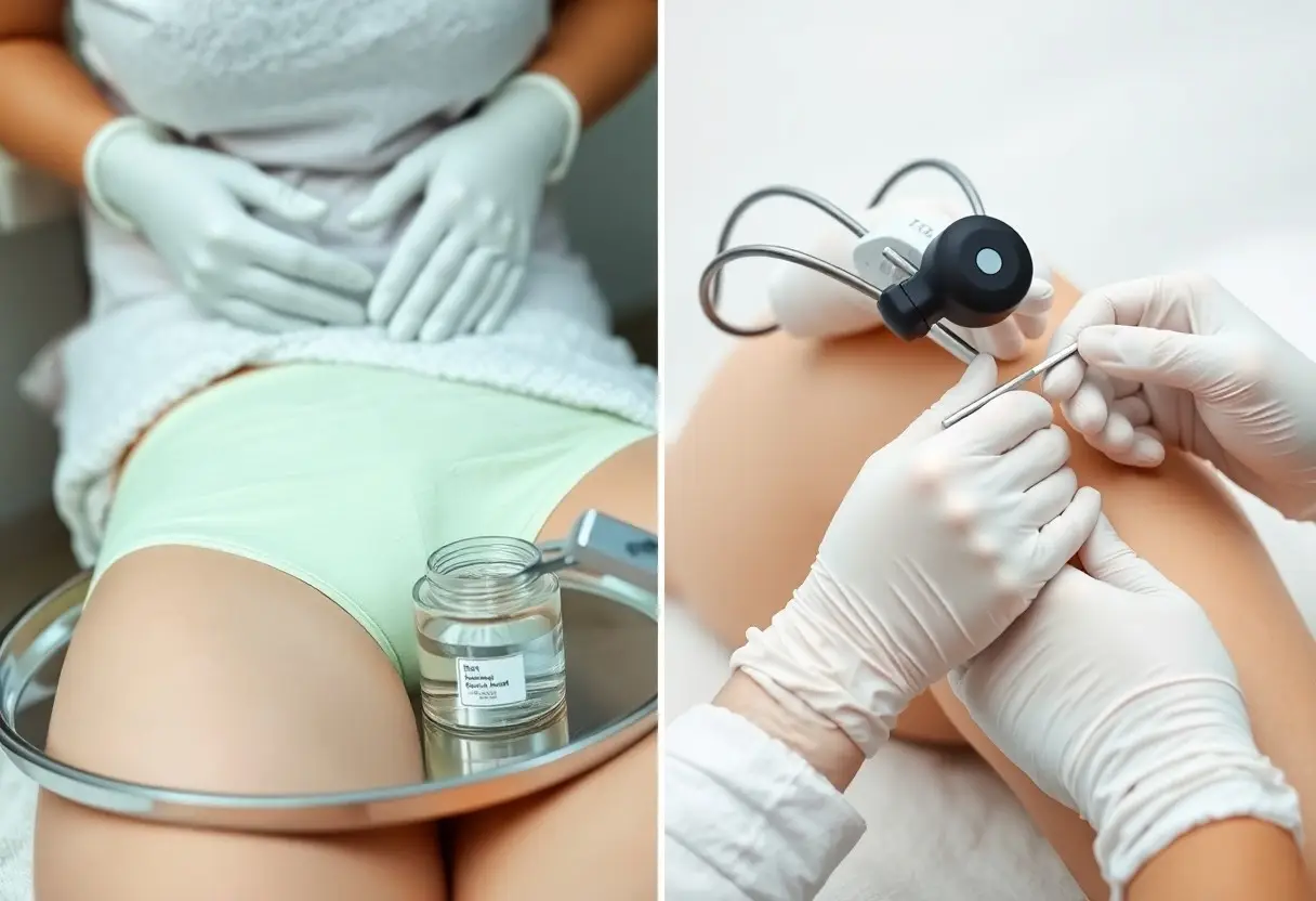 Two-panel medical care scene: left side shows a patient lying on her side with gloved hands resting on her abdomen and a jar of clear fluid on a tray nearby; right side shows a clinician wearing gloves handling medical instruments near a patient, possibly preparing a procedure involving a needle or catheter.