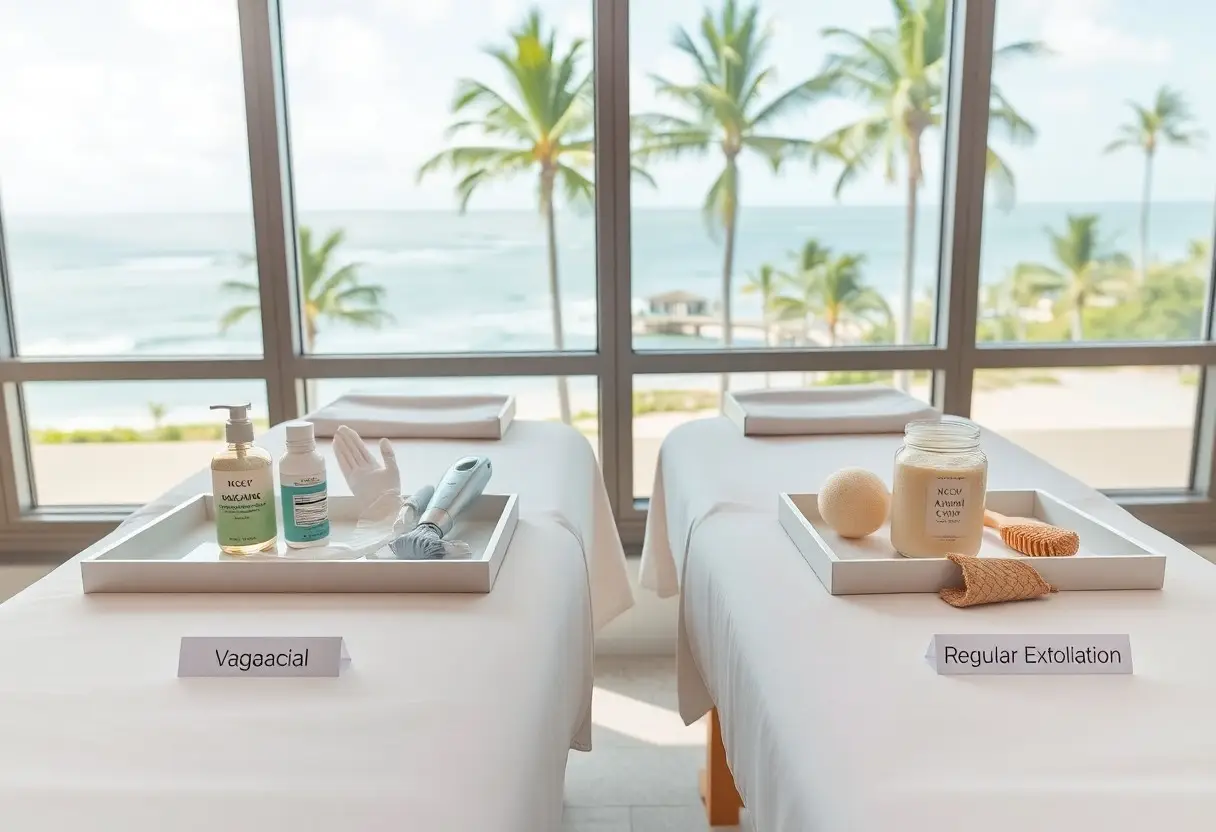 Spa treatment setup on two massage tables by a large ocean-view window; left tray labeled 'Vagacial' with skincare bottles and tools, right tray labeled 'Regular Exfoliation' with shells and candle.