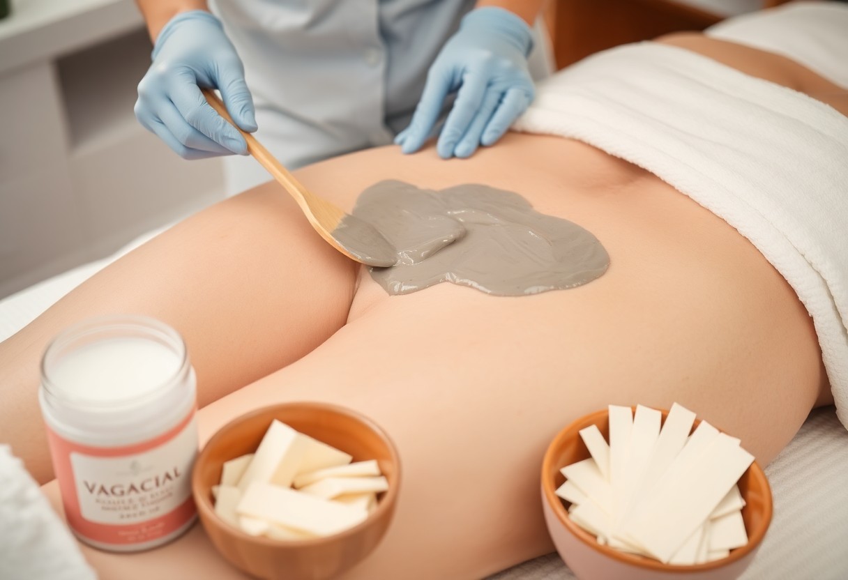 Spa therapist wearing blue gloves applies a gray mud mask to a client’s lower back/upper buttock area during a spa treatment.