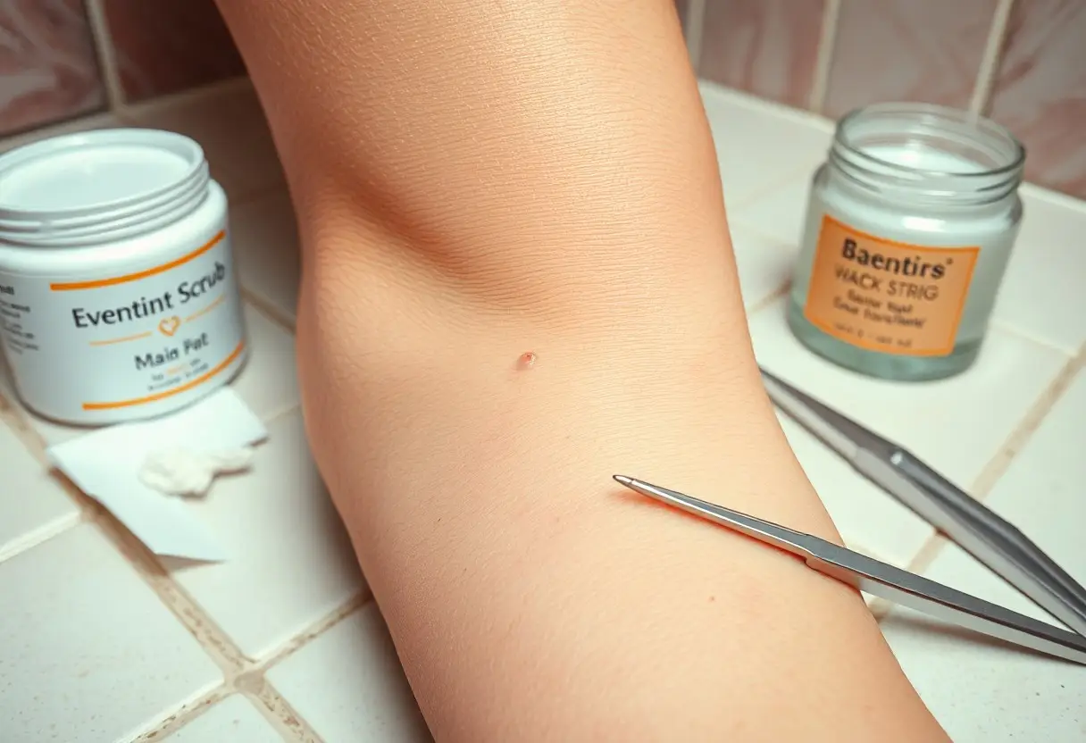 Close-up of a forearm with a tiny skin puncture, surrounded by tweezers and first-aid jars on a tiled counter in a bathroom