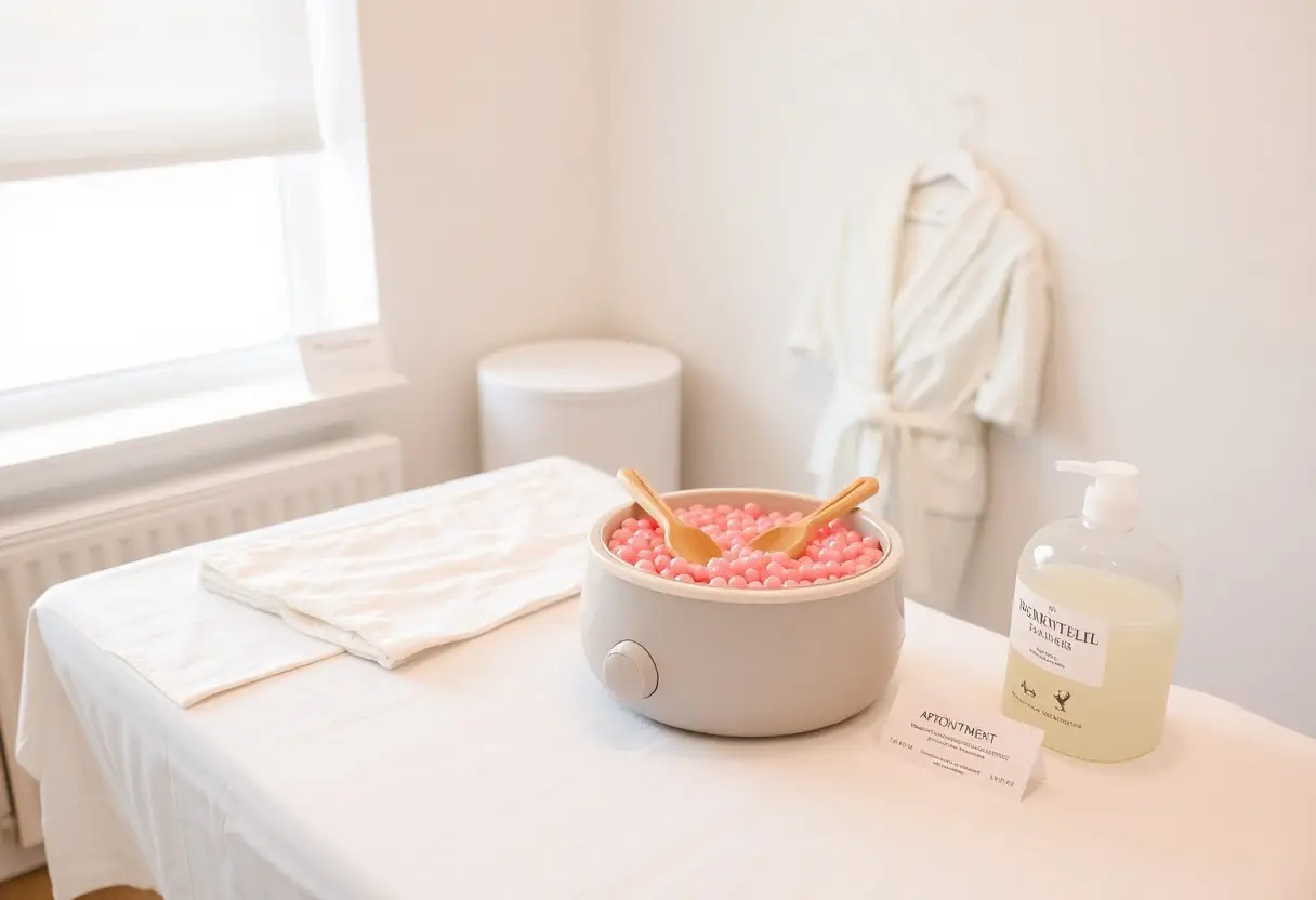 Spa treatment table with a gray bowl of pink bath beads and two wooden scoops, lotion bottle nearby, and a white robe hanging in the background.
