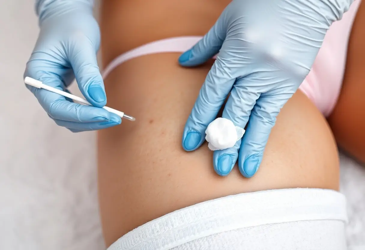 Clinician in blue gloves administering a small injection to a patient’s abdomen with a cotton pad nearby.