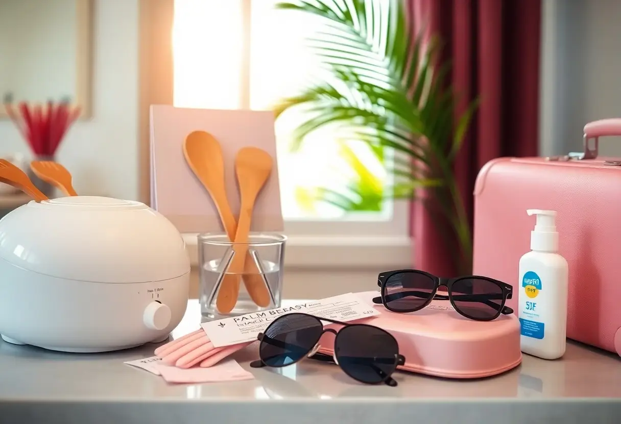 Vanity table with a white compact appliance, pink case, sunglasses, a pump bottle, wooden spatulas, and a sunlit plant in the background.