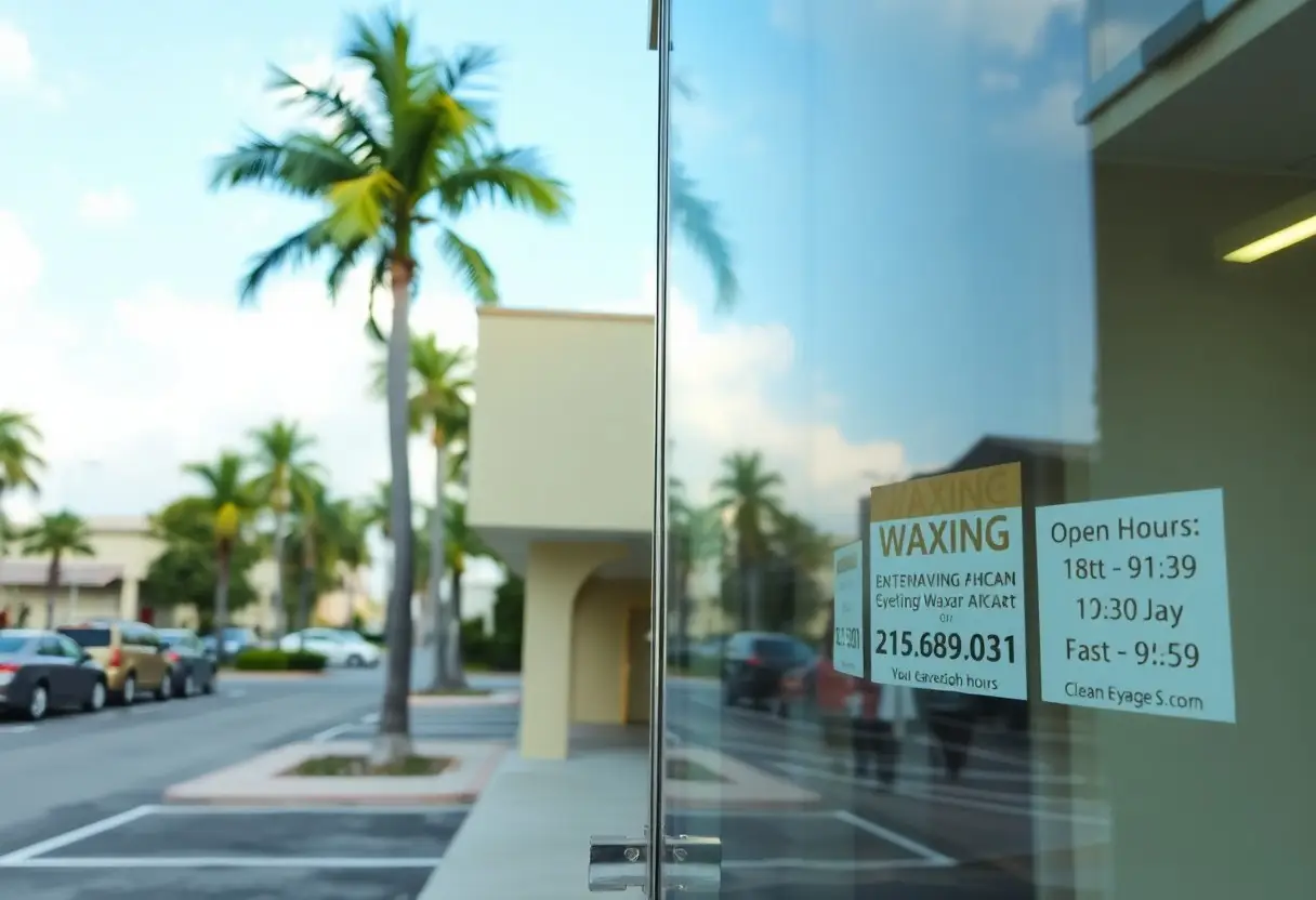 Storefront glass door with waxing service stickers (waxing, hours) on the window; palm trees and parked cars visible through the exterior reflection.