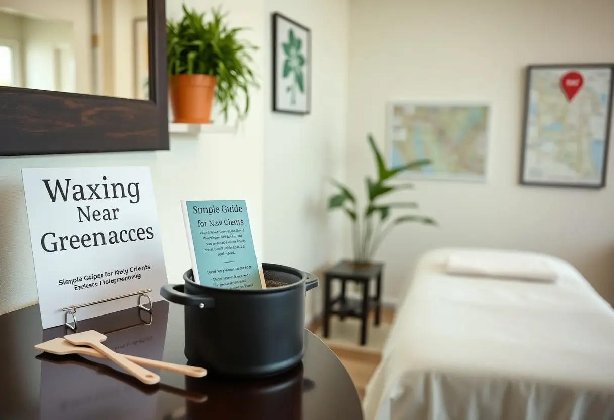 Waxing near-green-ness signage and treatment-guide on a dark table in a calm spa room, with a bed in the background of the treatment space.