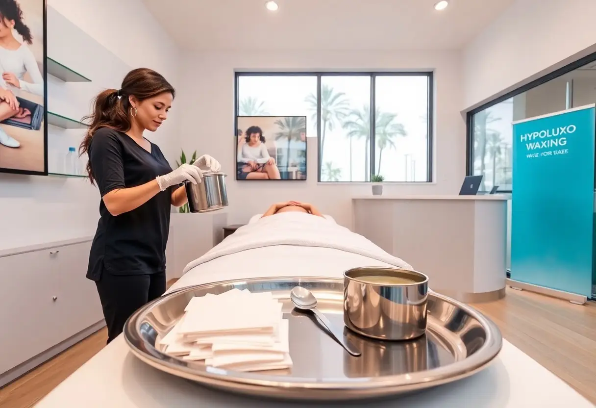 Spa treatment room with a therapist in black scrubs wearing gloves, preparing wax from a metal pot beside a massage table where a client lies under a white blanket; a metal tray with napkins and a spoon is in the foreground.