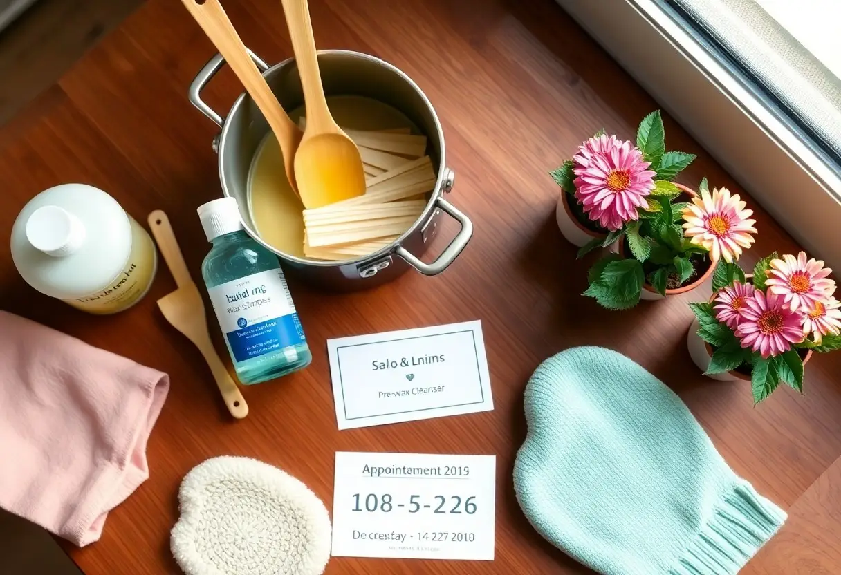 Top-down still-life: flat lay of a wooden table with a pasta pot and wooden spoons, cleaning bottles, a pink cloth, a mint-green oven mitt, pink flowers, and two name cards.