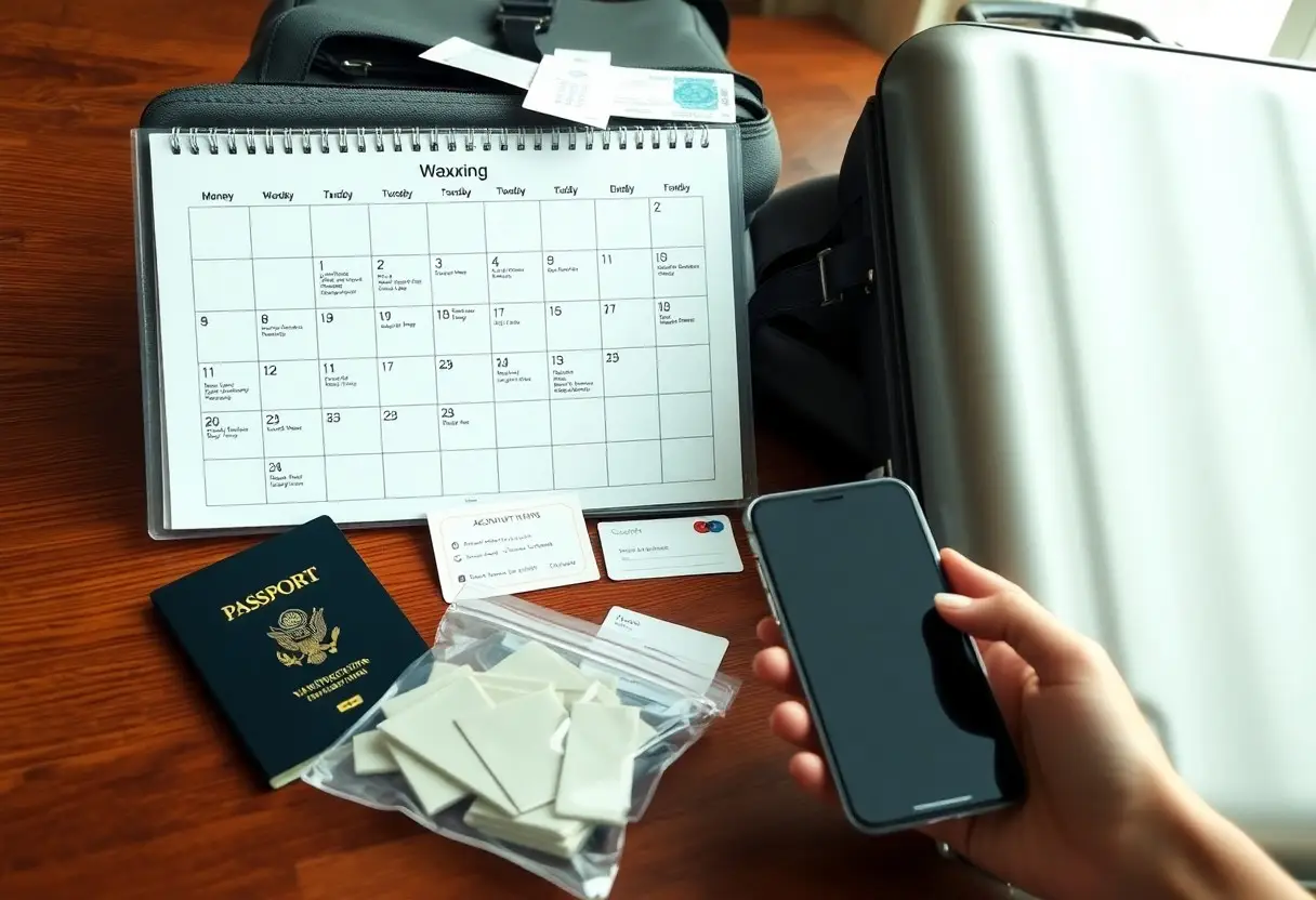 Traveler's desk with a calendar, passport, boarding passes, and a person holding a smartphone over a wooden table with luggage in the background.